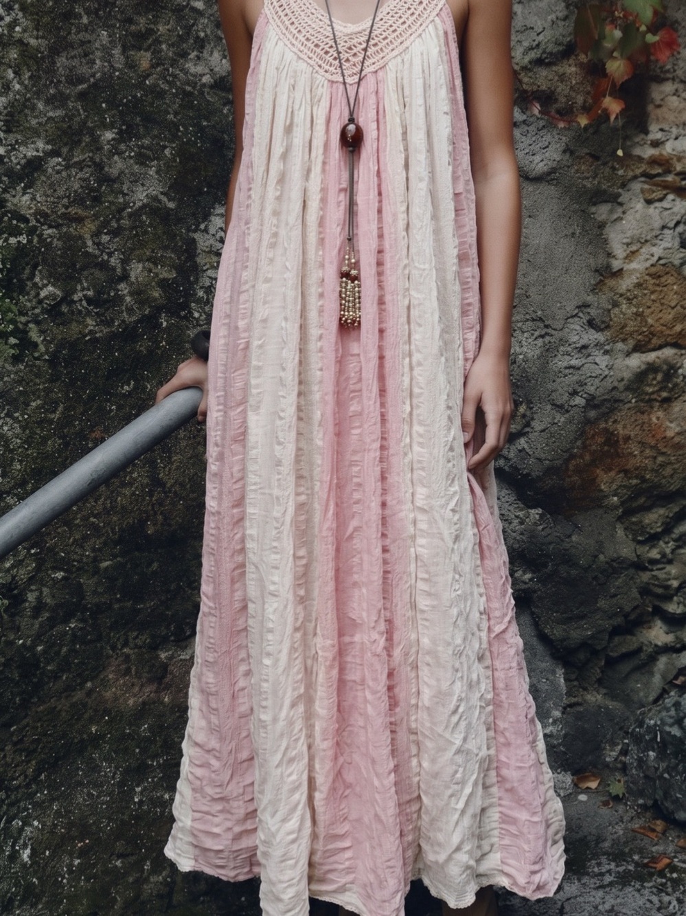 Striped Boho Maxi Dress in Pink & White Like New